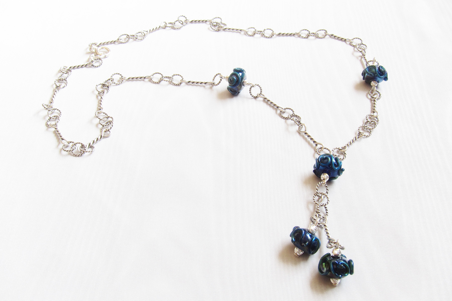 Metallic Blue Bead Drop Chain Necklace