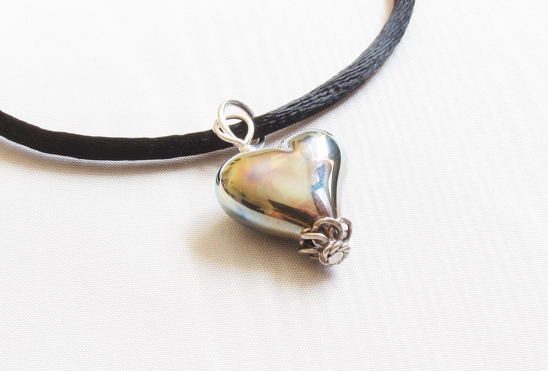 Shiny Metallic Silver Heart Glass Pendant on Satin Cord