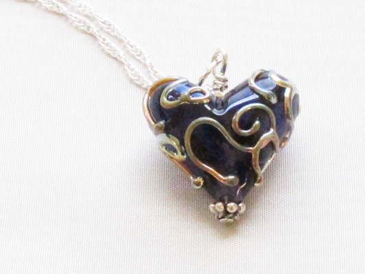 Royal Blue Metallic Gold Swirl Heart Pendant on Silver Chain