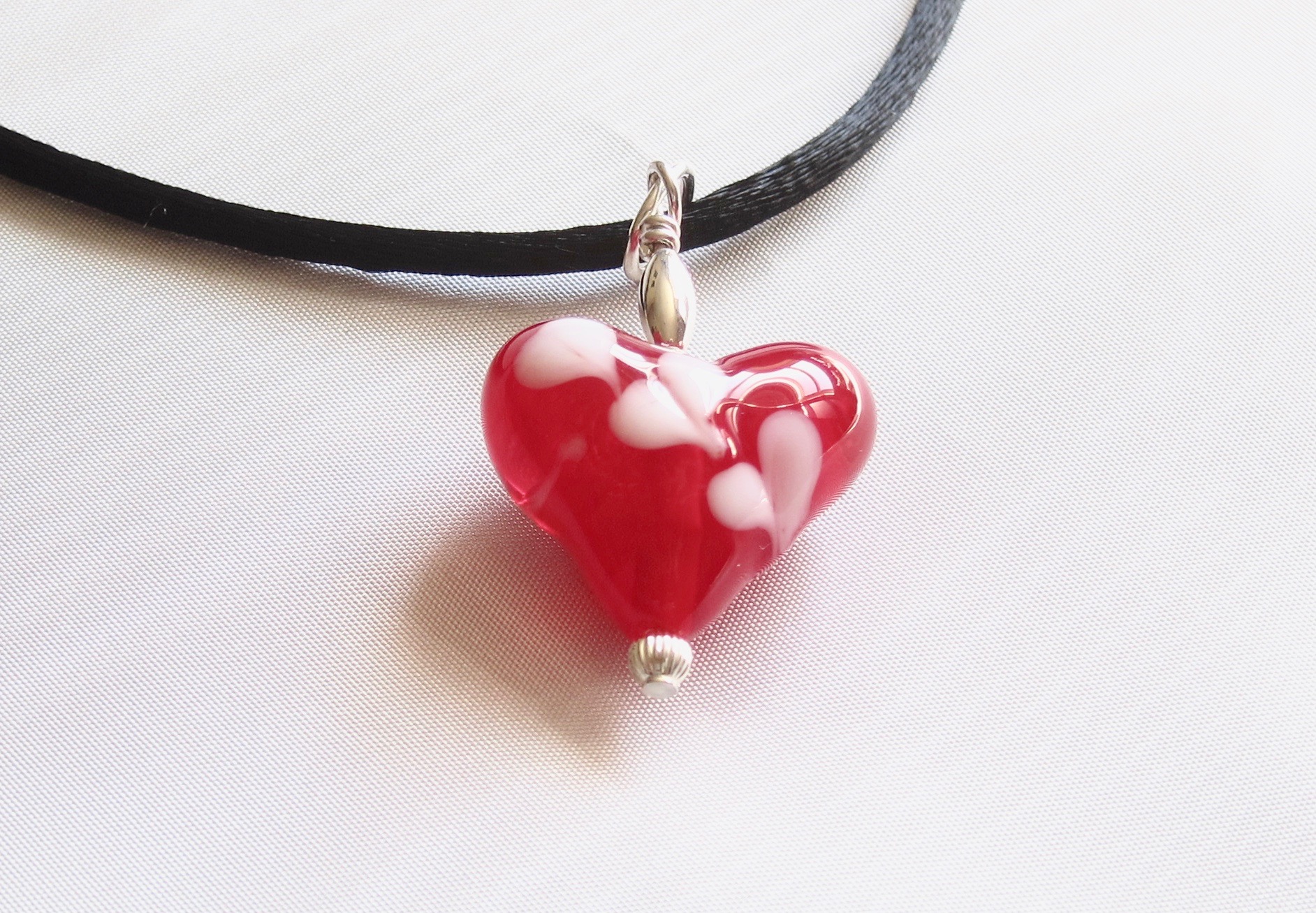 Red And White Heart Pendant on Satin Cord