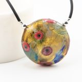 Blown Glass Bead Lentil: Transparent Amber Coral Flowers