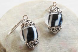 7005 RS Silvered Ivory and Black Leverback Drop Earrings