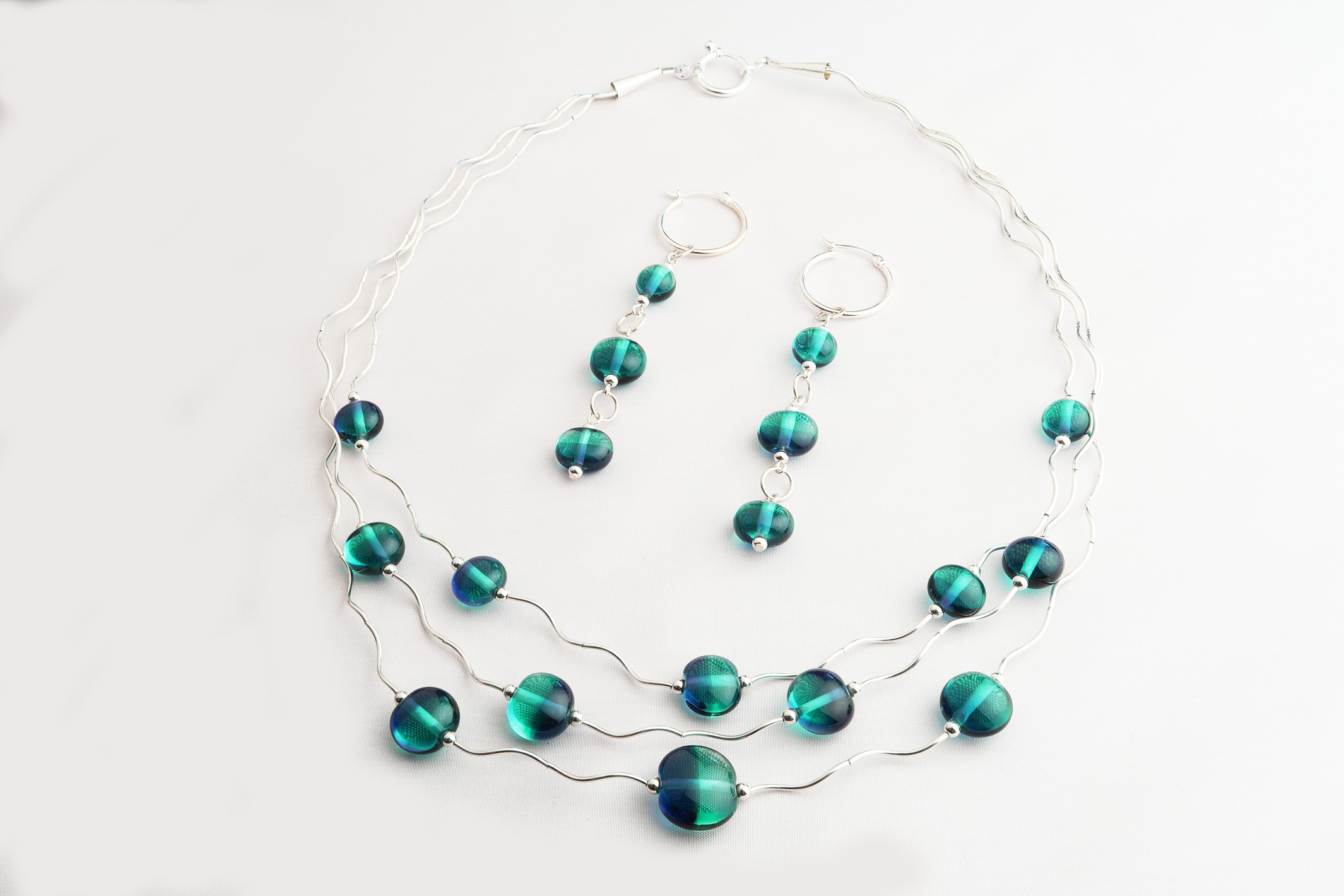 Three Strand Teal Deep Blue Disc Bead Necklace and Earrings