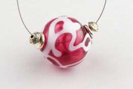 8136 White Swirls Ruby Blown Glass Hollow Bead Floating Wire Necklace