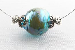 8167 Shiny Aqua Blown Glass Hollow Bead Floating Wire Necklace