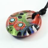 Painted Disc Pendant: Coral Red and Green Disc - Image 3
