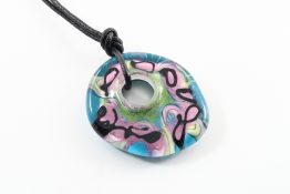 9100 Painted Big Hole Disc Teal Pink Abstract Flowers Disc on Leather Cord