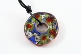 9101 Painted Big Hole Disc Abstract Green Orange Floral, Cobalt Red Disc on Leather Cord
